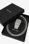 luxury silver Rectangular Watch & Cuban Link Chain Set