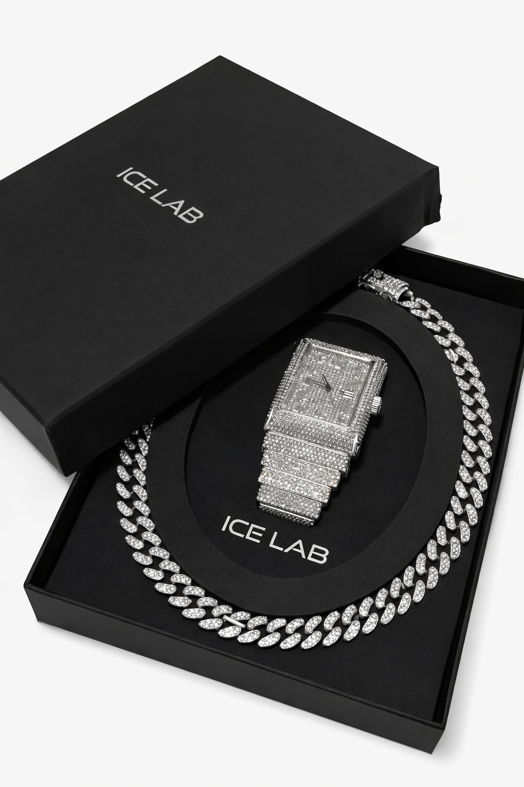luxury silver Rectangular Watch & Cuban Link Chain Set