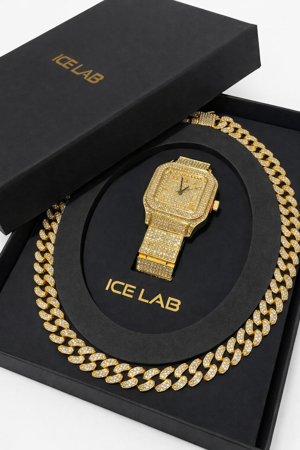 Gold tone Watch & Cuban Link Chain Set – Luxury Diamond Style