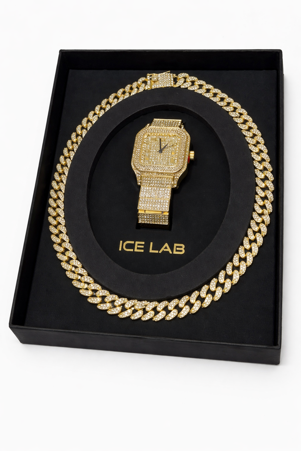 Gold tone Watch & Cuban Link Chain Set – Luxury Diamond Style