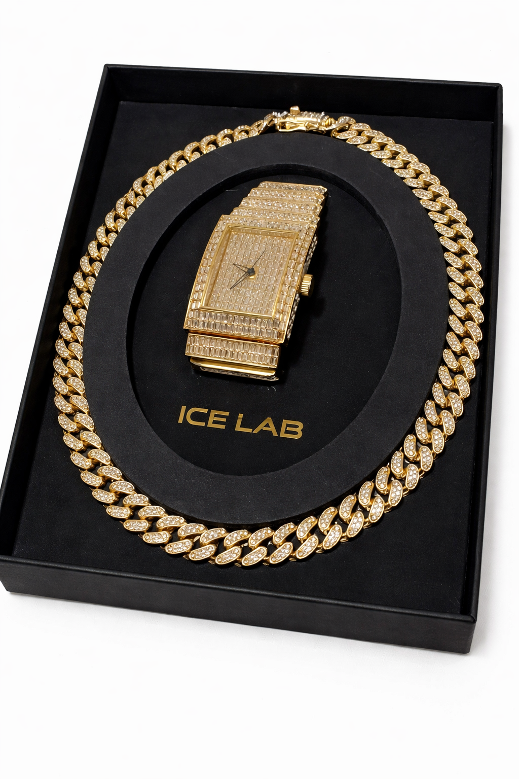 Gold tone Watch & Cuban Link Chain Set – Luxury Diamond Style