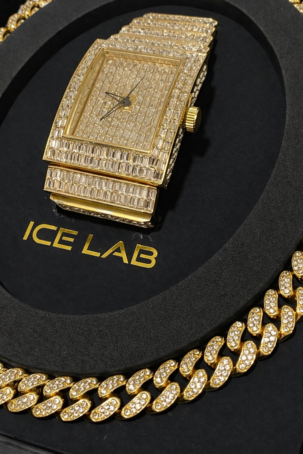Gold tone Watch & Cuban Link Chain Set – Luxury Diamond Style