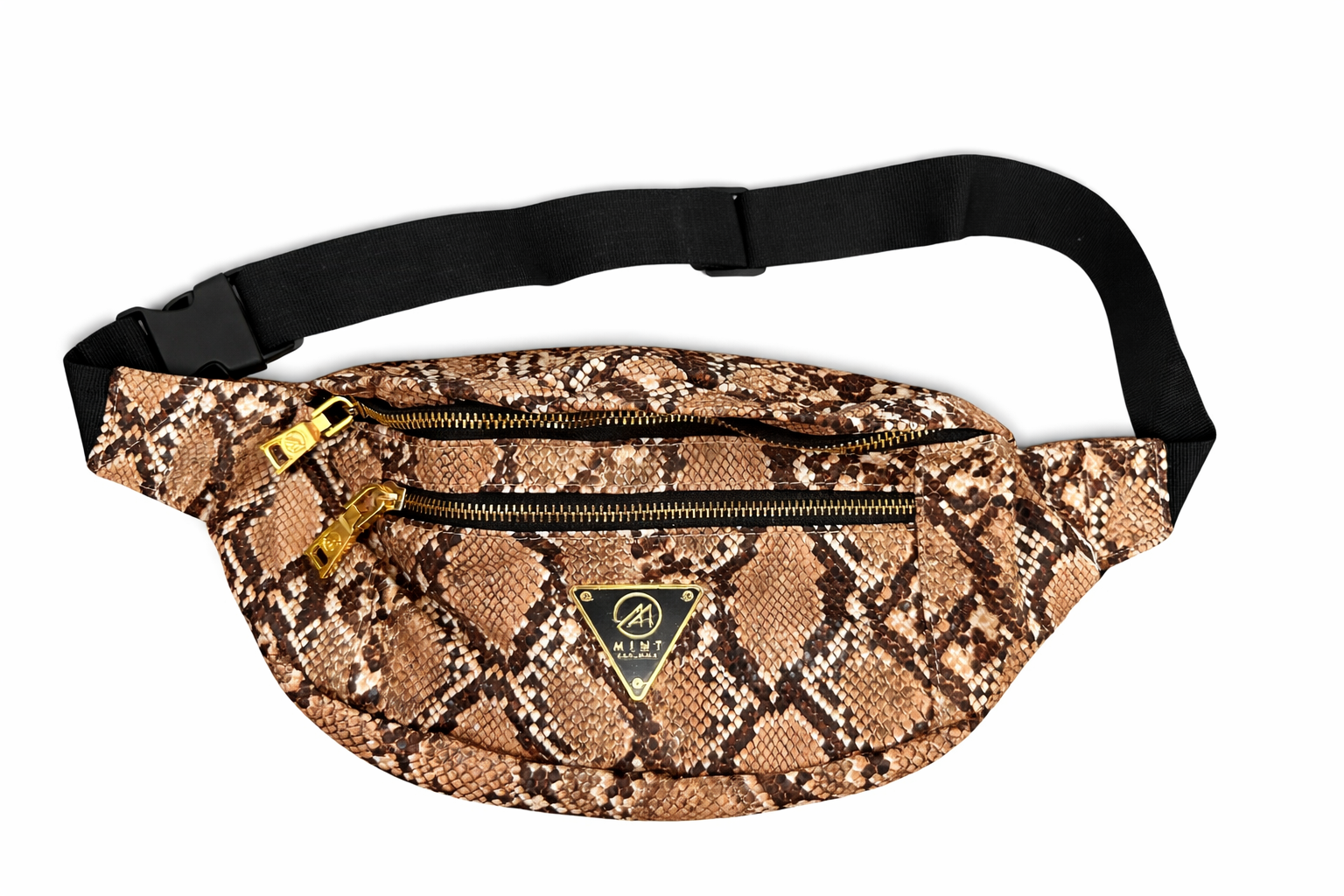 Snakeskin-patterned fanny pack with a brand logo on a white background