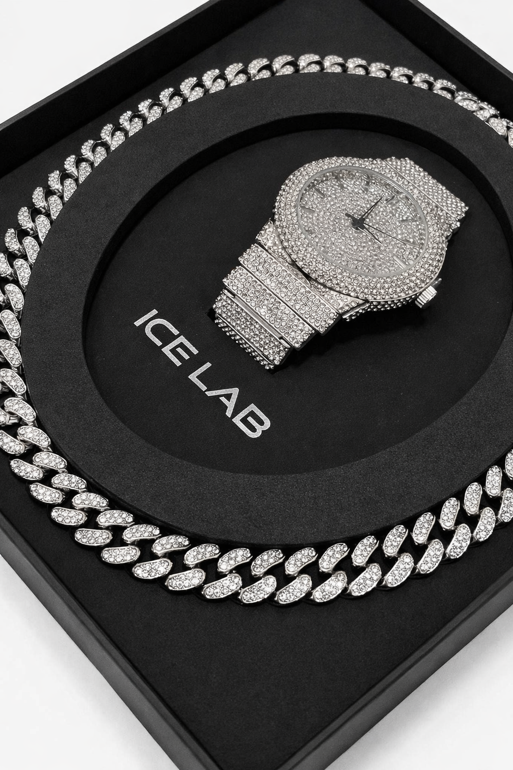 Luxury Silver Watch & Cuban Link Chain Set