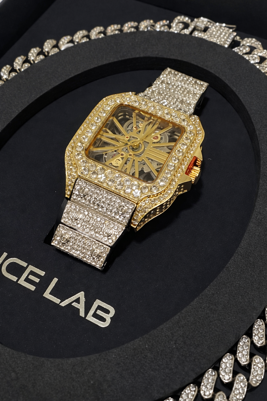 Luxury Skeleton Dial Golden Watch & Cuban Link Chain Set