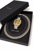 Luxury Skeleton Dial Golden Watch & Cuban Link Chain Set