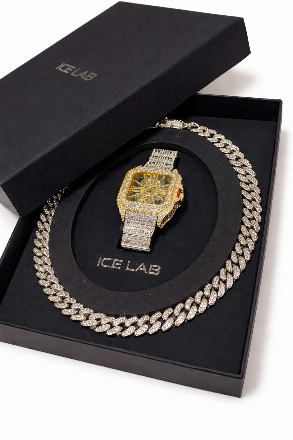 Luxury Skeleton Dial Golden Watch & Cuban Link Chain Set