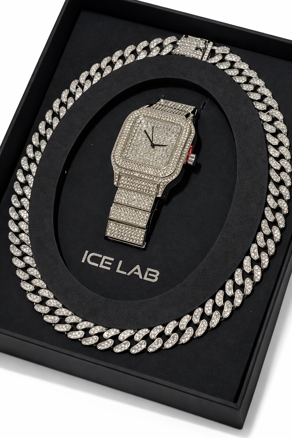 luxury silver Watch & Cuban Link Chain Set