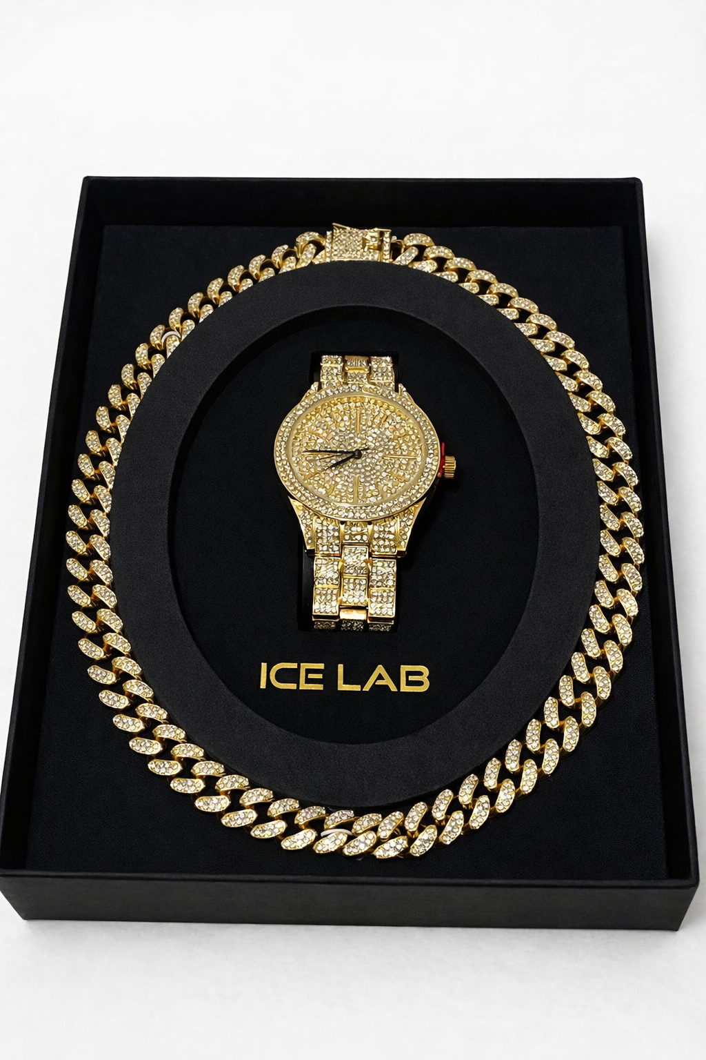 Luxury Gold Watch & Cuban Link Chain Set