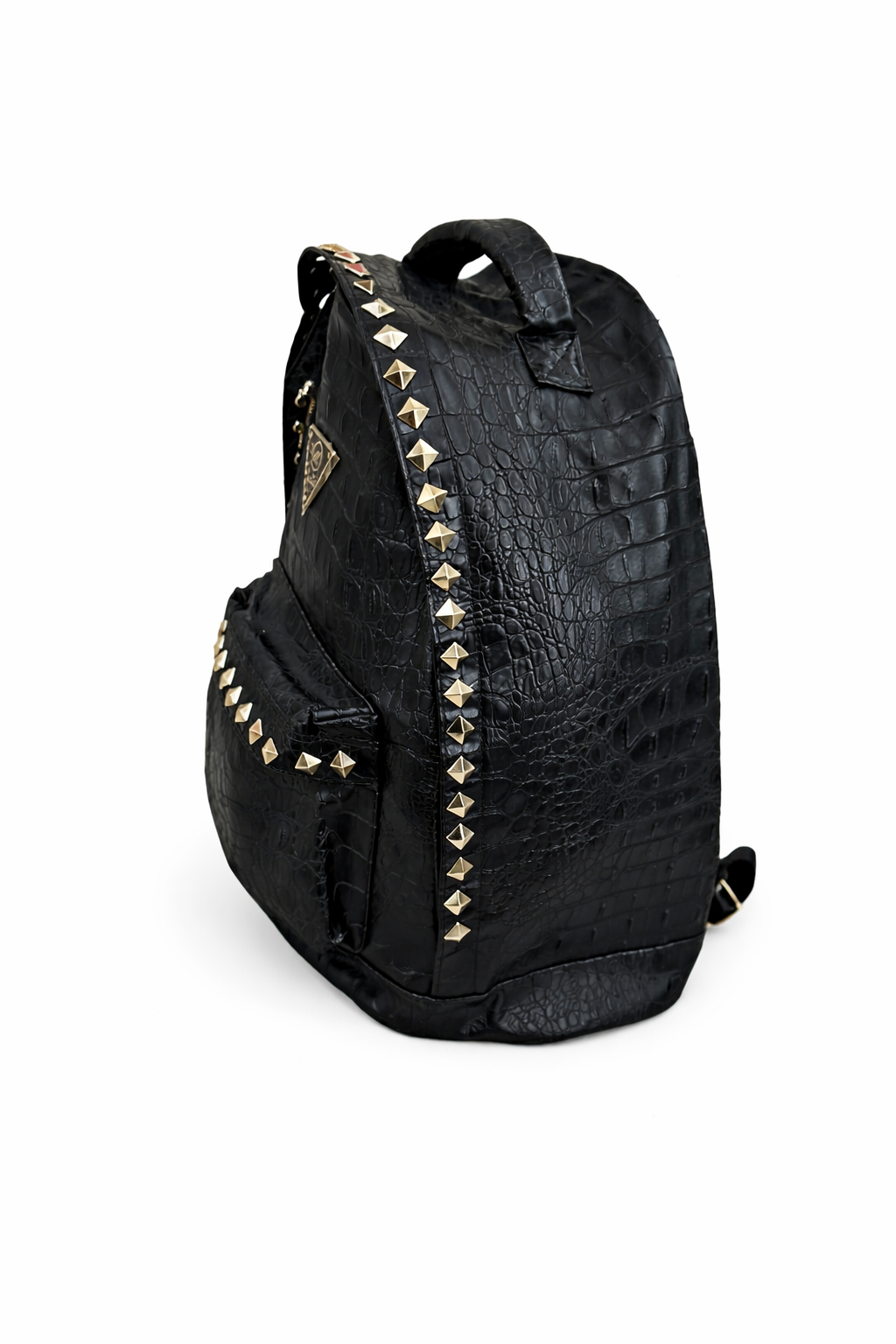 Crocodile embossed leather studded Backpack- Black