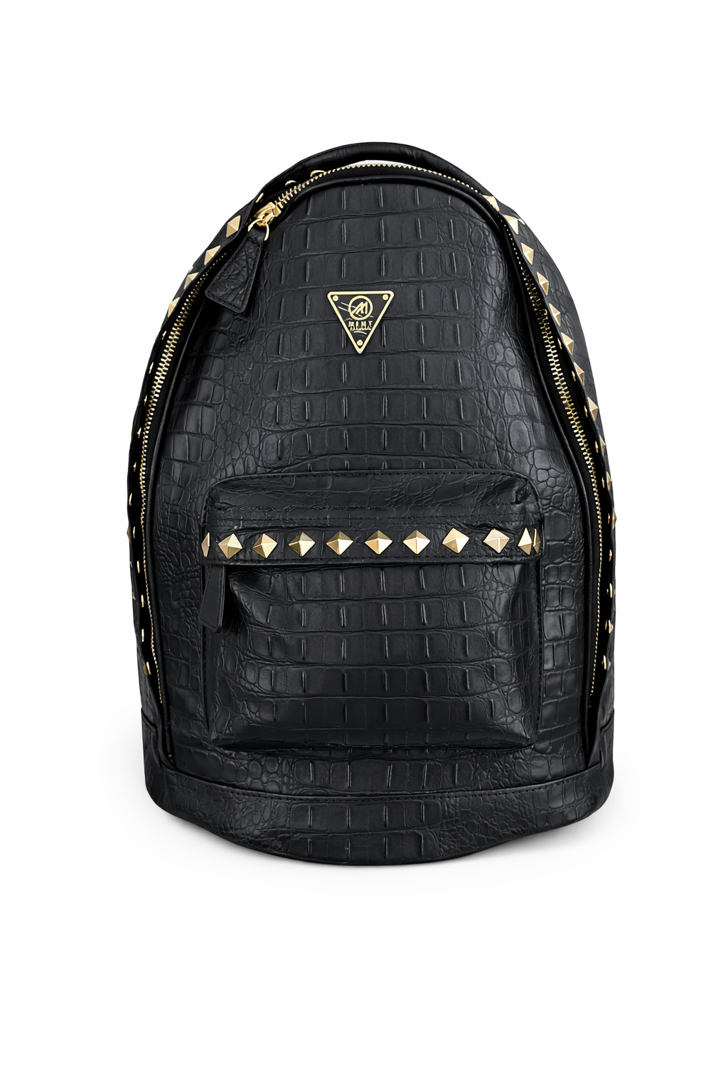 Crocodile embossed leather studded Backpack- Black