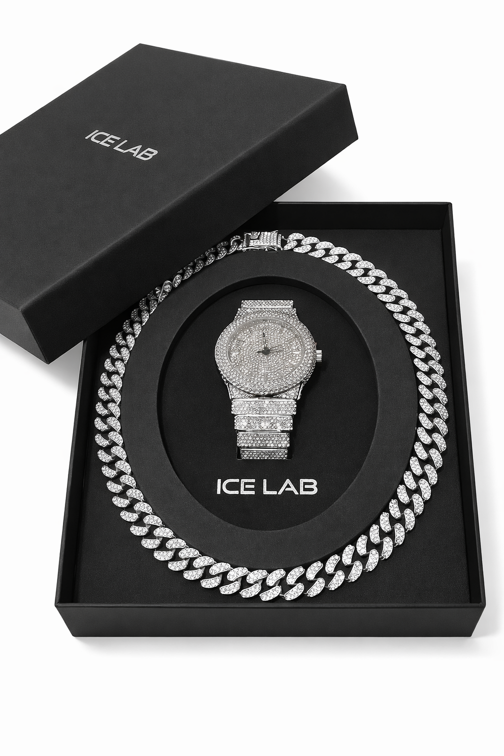 Luxury Silver Watch & Cuban Link Chain Set