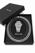 Luxury Silver Watch & Cuban Link Chain Set