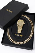Gold Tone Analog Watch & Cuban Link Chain Set