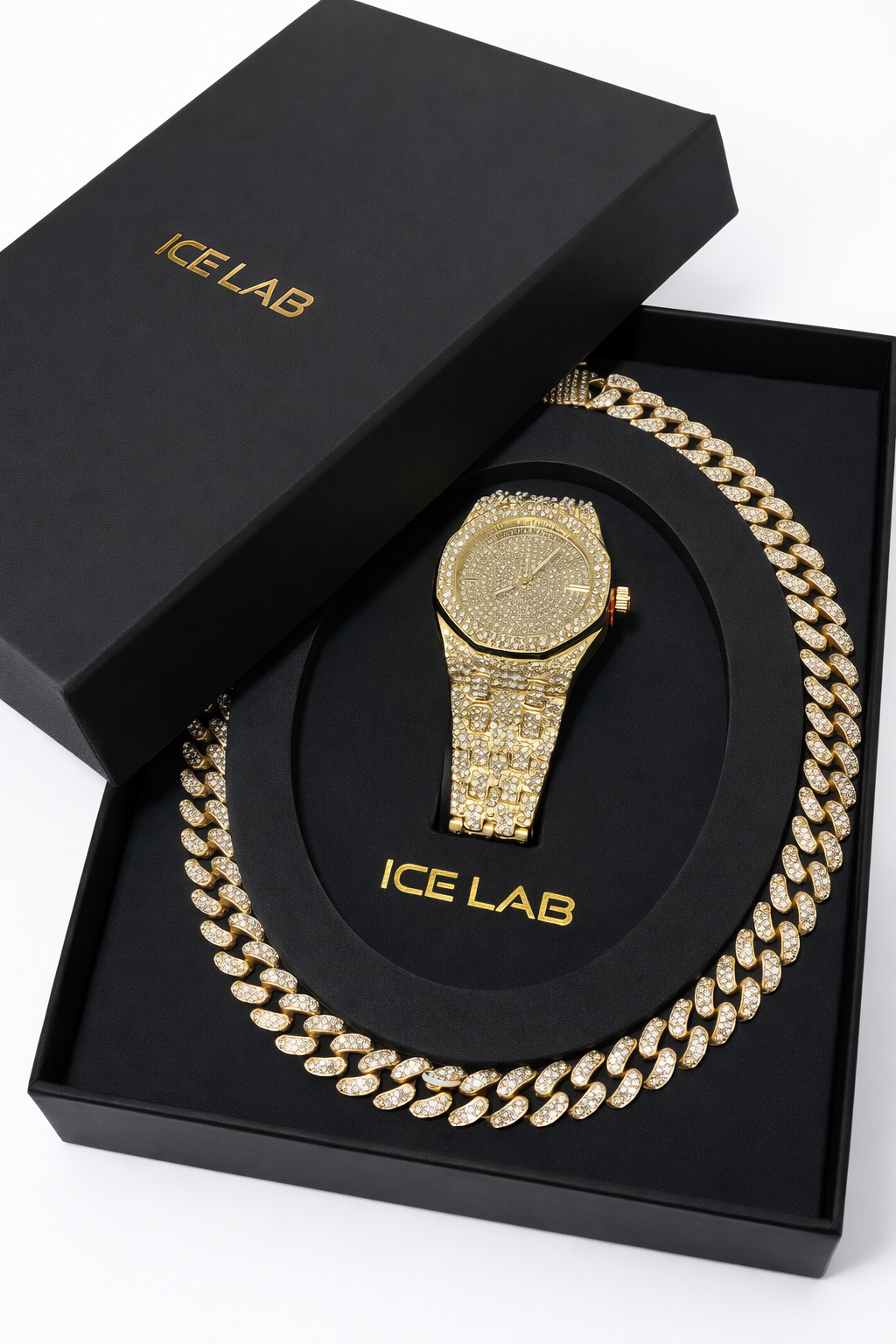 Gold Tone Analog Watch & Cuban Link Chain Set