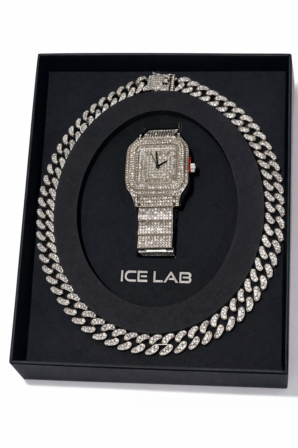 luxury silver Watch & Cuban Link Chain Set