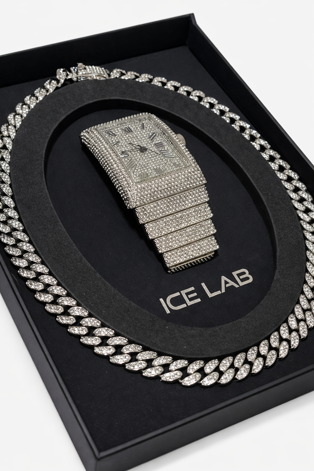 luxury silver Rectangular Watch & Cuban Link Chain Set