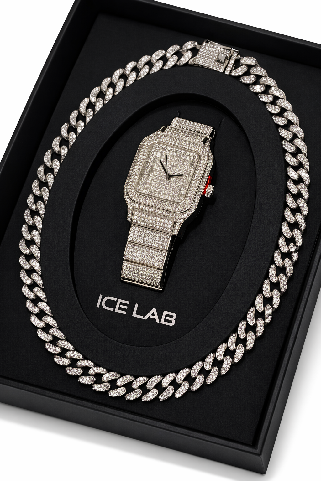 luxury silver Watch & Cuban Link Chain Set