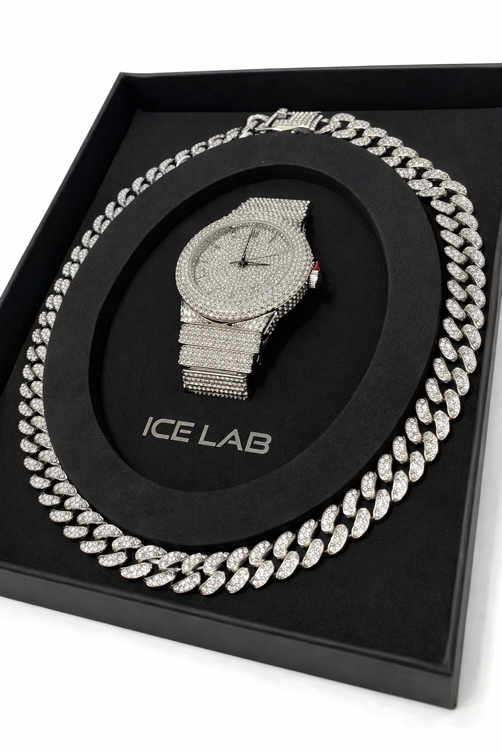 Luxury Silver Watch & Cuban Link Chain Set