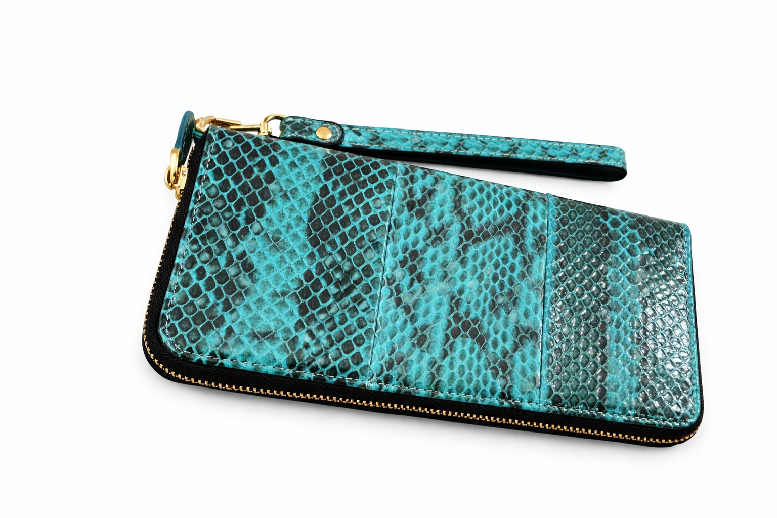 Cobra leather long zip Wallet with wrist strap - Teal