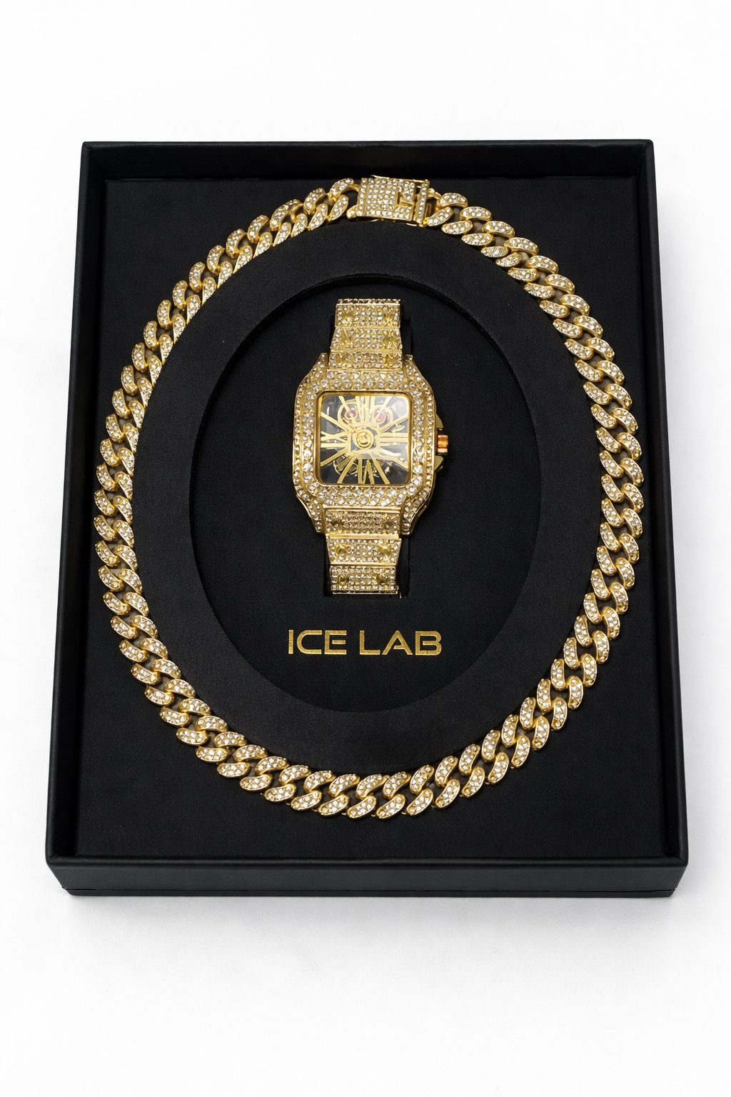 Luxury Gold tone Watch & Cuban Link Chain Set with Skeleton Dial