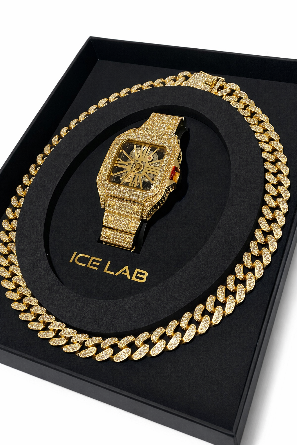 Luxury Gold tone Watch & Cuban Link Chain Set with Skeleton Dial