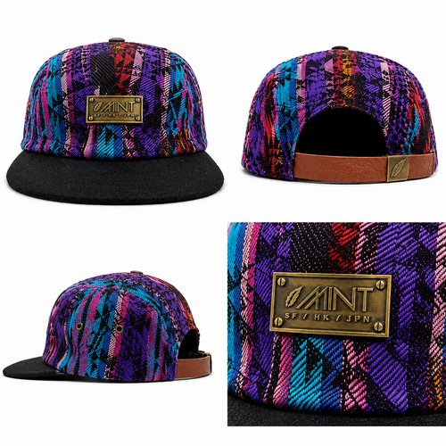 Multicolored patterned cap with brand logo on a white background