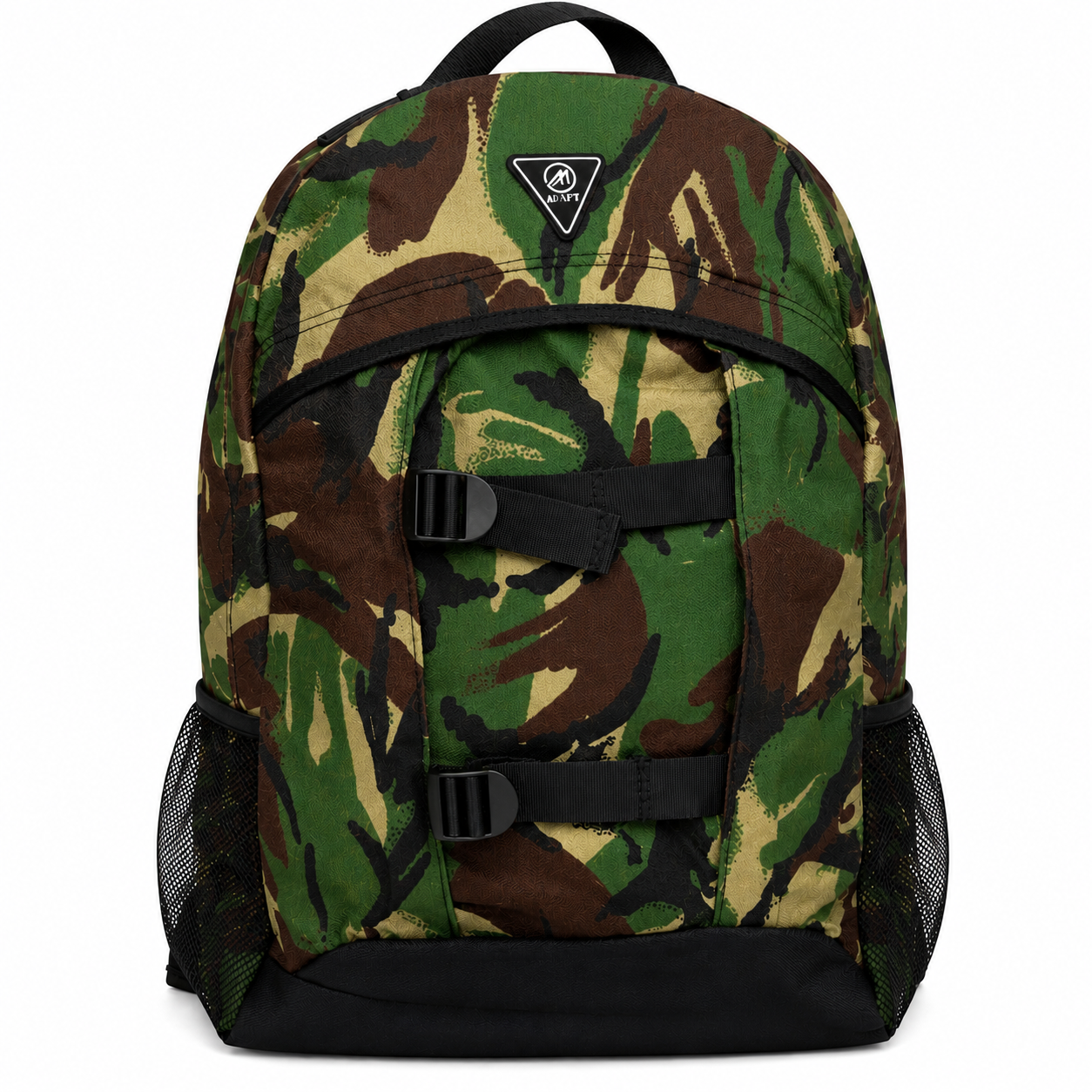 Camouflage backpack with black straps on a white background