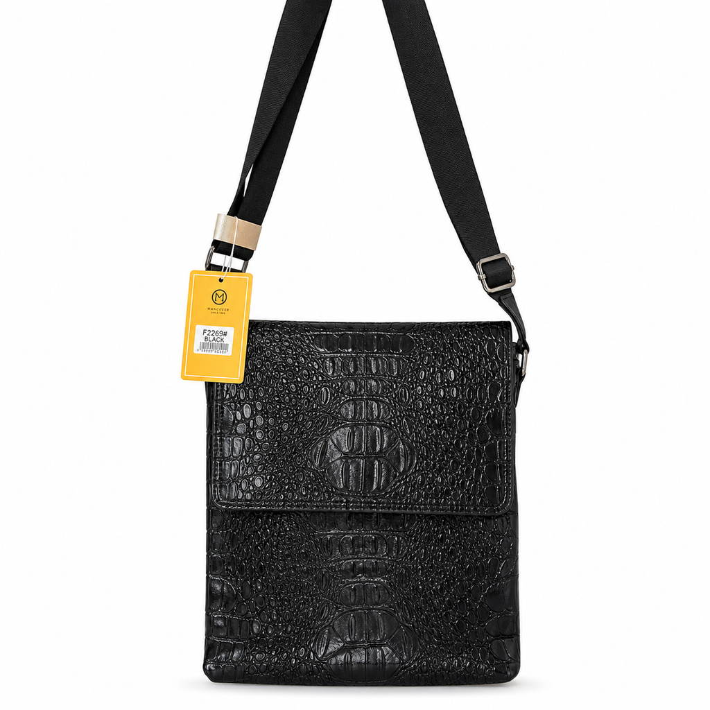 Black textured crossbody bag with a strap on a white background
