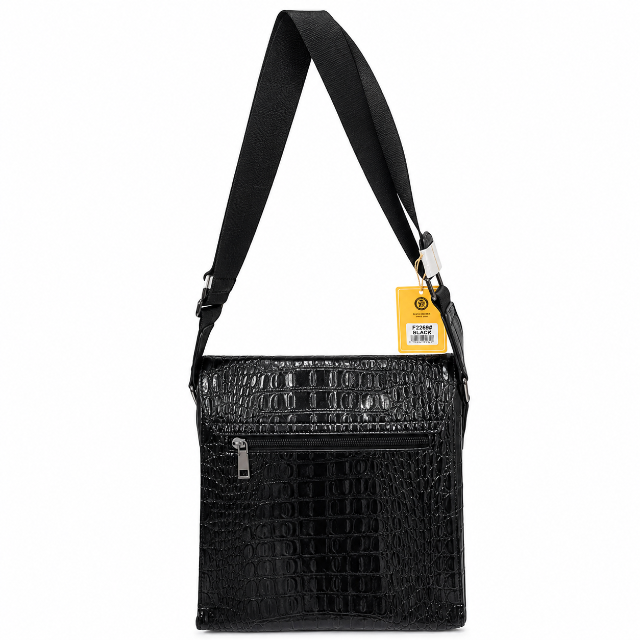 Black textured crossbody bag with a visible brand tag on a white background