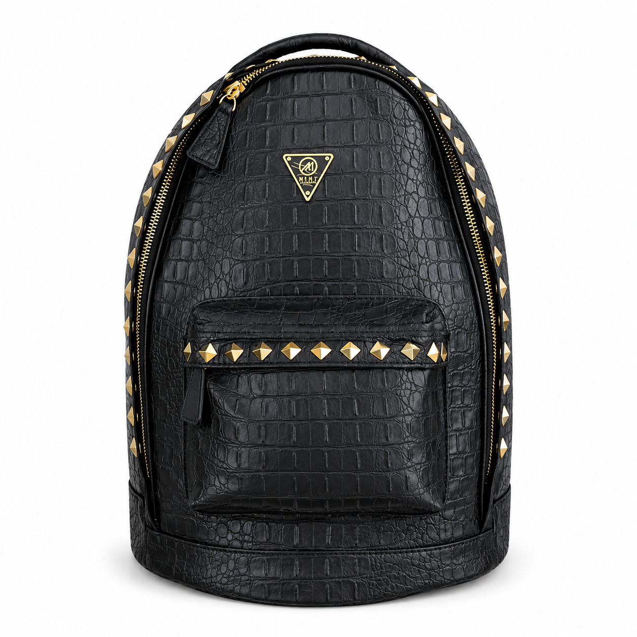 Black crocodile-patterned backpack with gold studs and accents on a white background