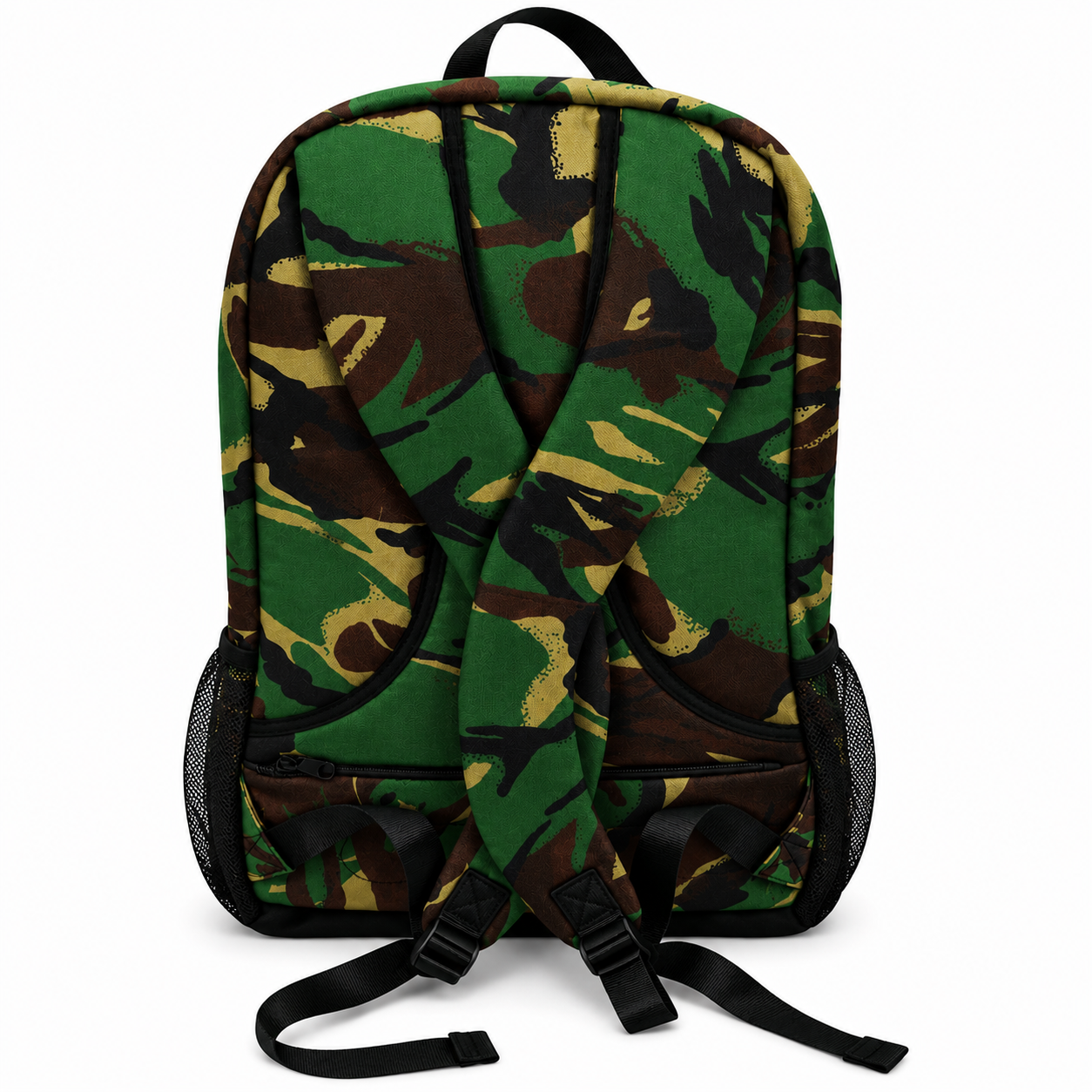 Camouflage-patterned backpack on a white background
