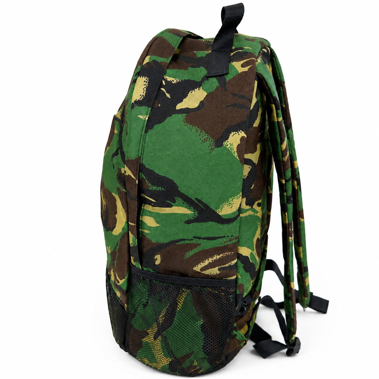 Camouflage-patterned backpack on a white background