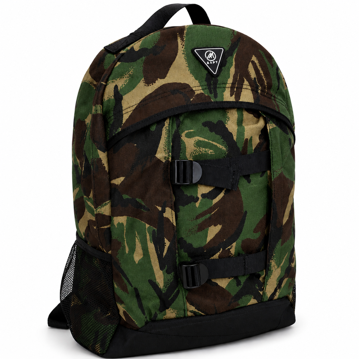 Camouflage backpack with a brand logo on a white background