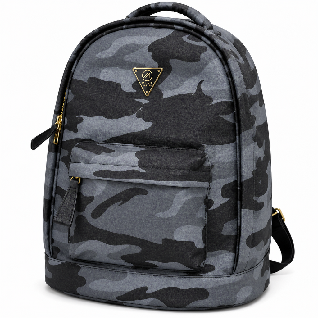 Camouflage backpack with a brand logo on a white background