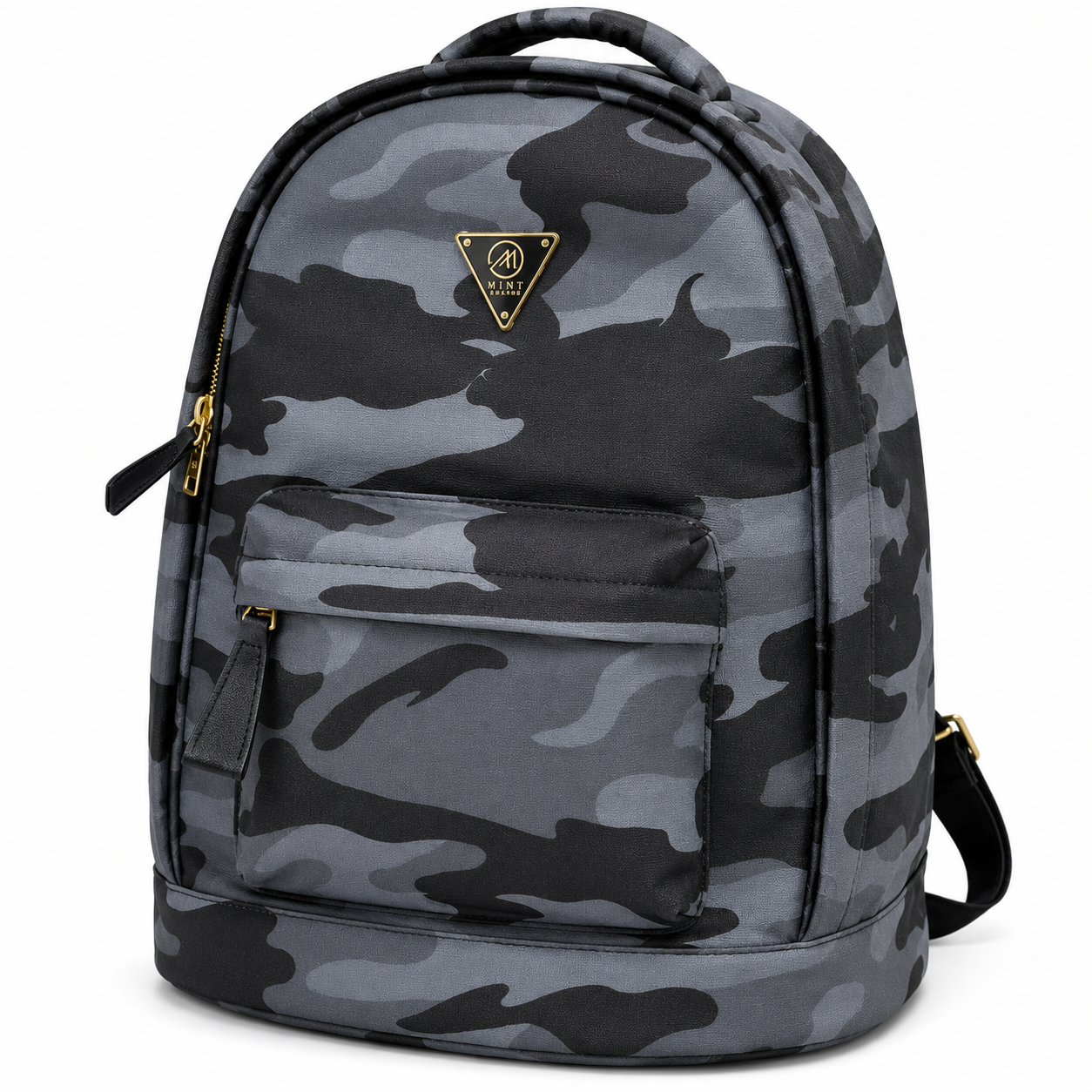 Camouflage backpack with a brand logo on a white background