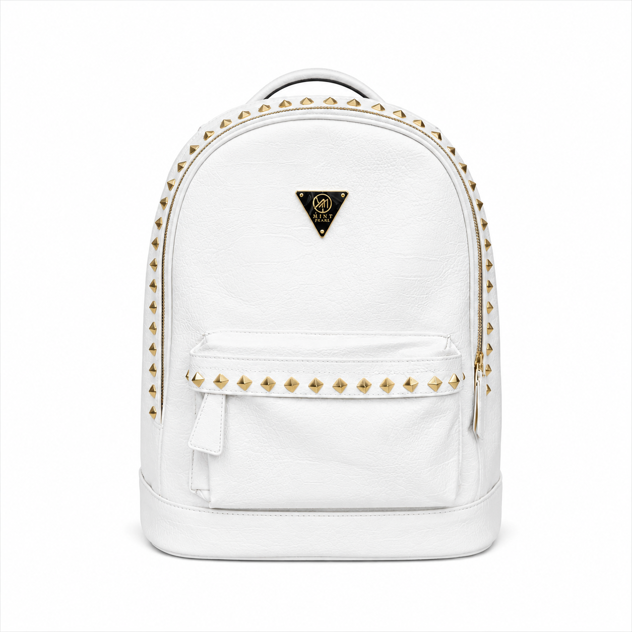 White backpack with gold studs on a white background