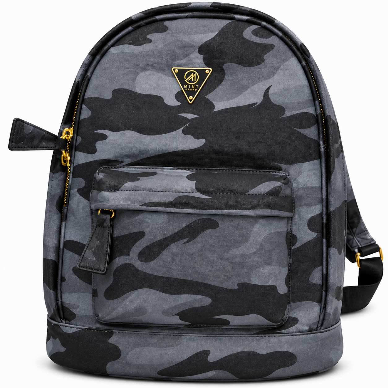 Camouflage backpack with a brand logo on a white background