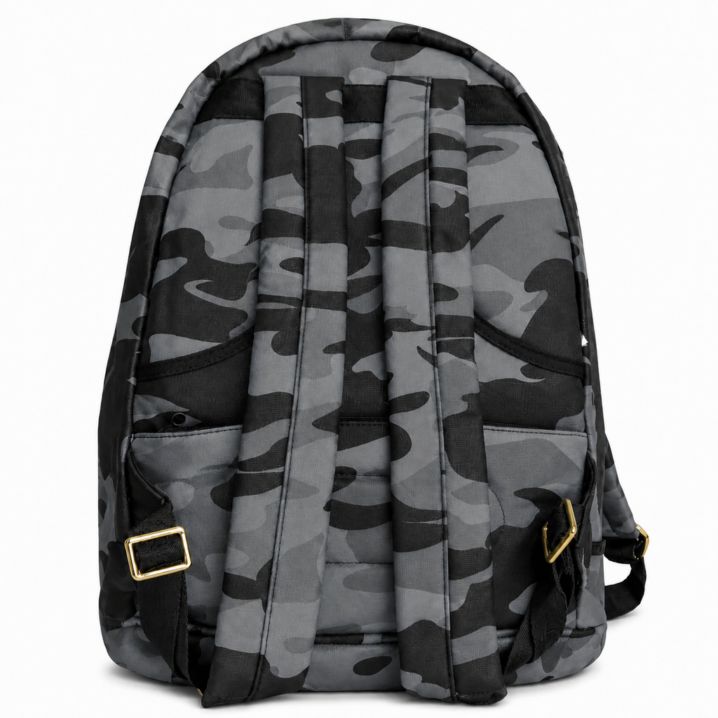 Camouflage-patterned backpack on a white background