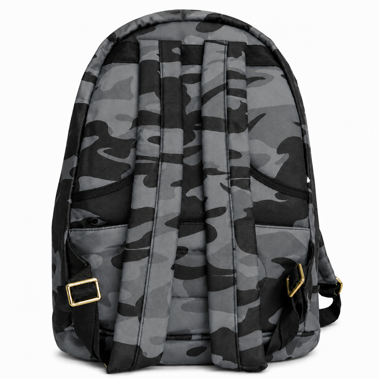 Camouflage-patterned backpack on a white background