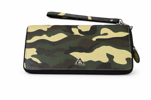 Camouflage-patterned clutch bag with a visible brand logo on a white background