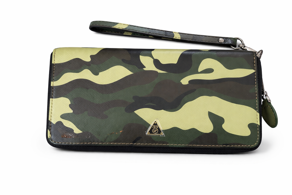 Camo leather long zip Wallet with wrist strap