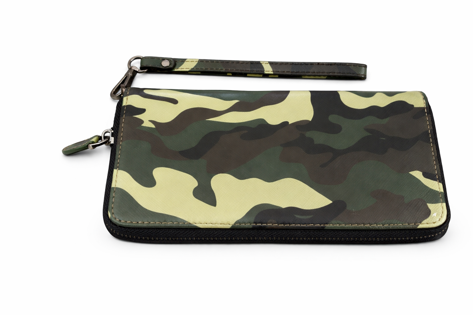 Camouflage-patterned clutch bag on a white background