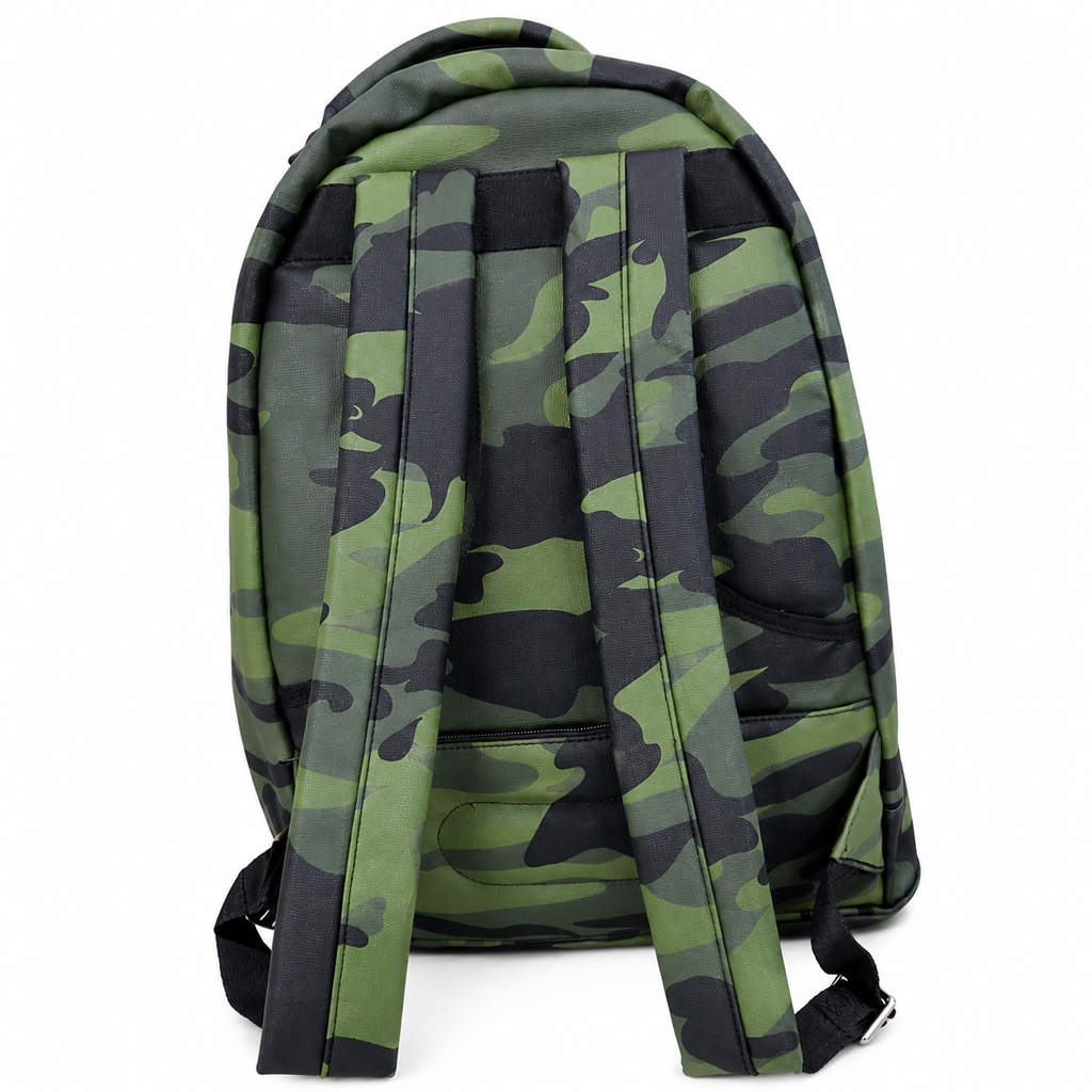 Camouflage-patterned backpack on a white background