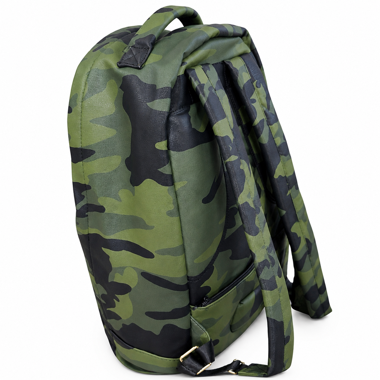 Camouflage-patterned backpack on a white background