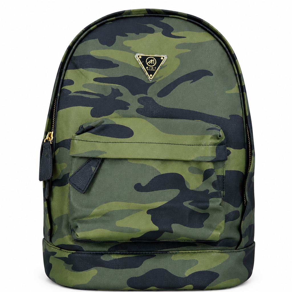 Camouflage backpack with a brand logo on a white background