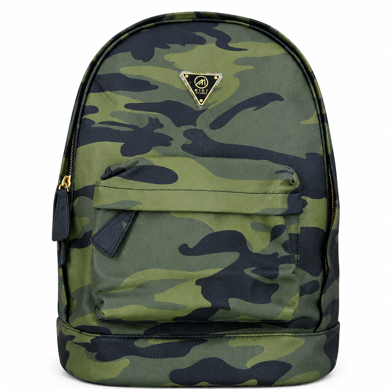 Camouflage backpack with a brand logo on a white background