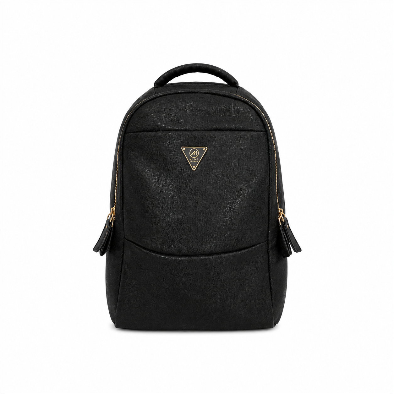 Black backpack with a brand logo on a white background