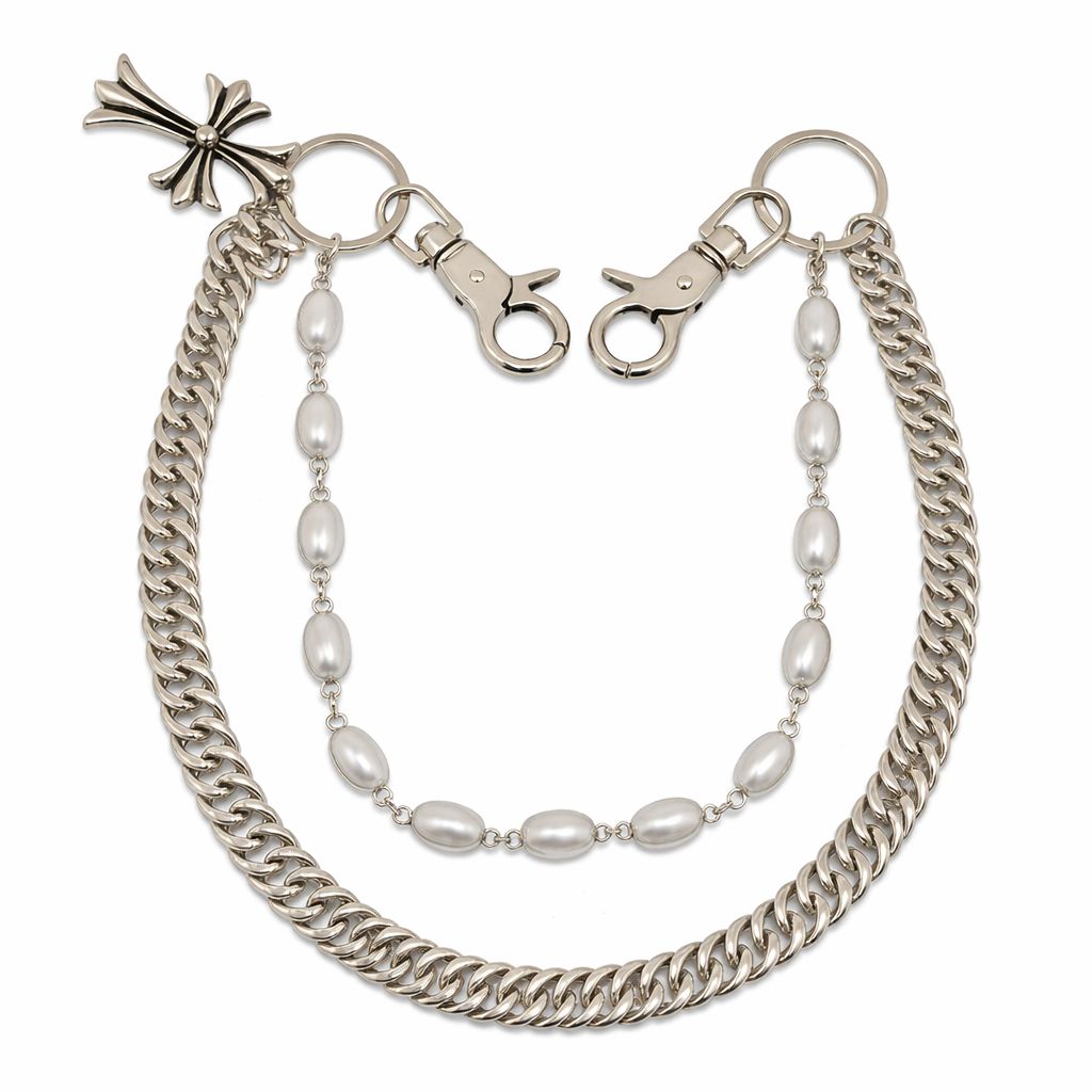 silver tone Double Chain pant Chain with Beads and Charm Lobster Clasp