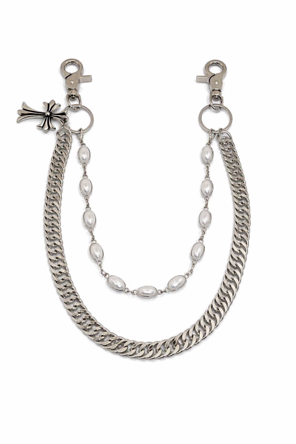 silver tone Double Chain pant Chain with Beads and Charm Lobster Clasp